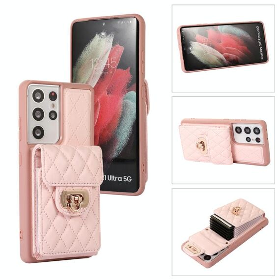 Custodia per telefono in pelle con slot per schede Samsung Galaxy S21 Ultra 5G (rosa)