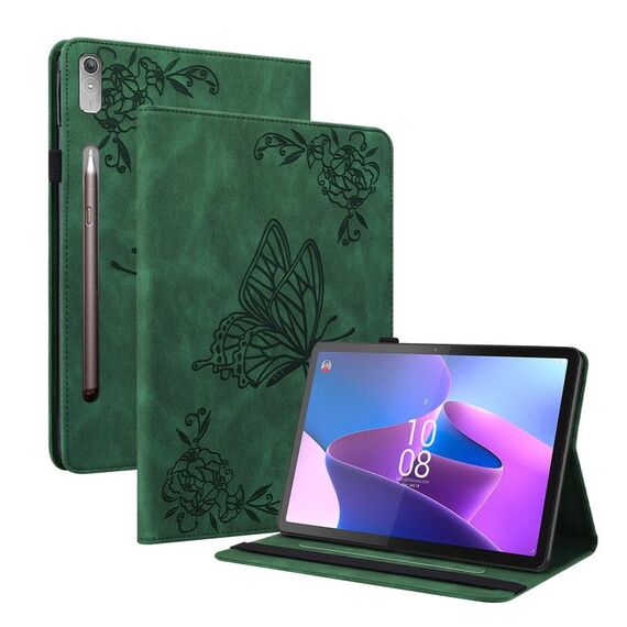 Custodia per tablet in pelle goffrata con fiori di farfalla per Lenovo Tab P12 (verde)