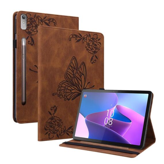 Custodia per tablet in pelle goffrata con fiori di farfalla per Lenovo Tab P12 (marrone)
