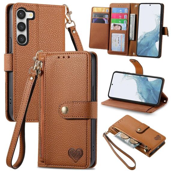 Per Samsung Galaxy S23 5G Love Custodia in pelle con cordino e cerniera (marrone)