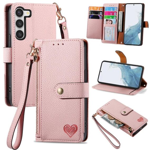 Per Samsung Galaxy S23 5G Love Custodia in pelle con cordino e cerniera (rosa)