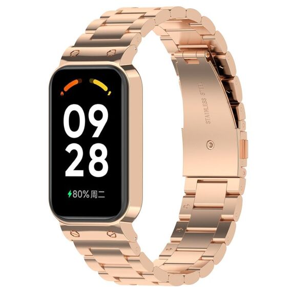 Per Xiaomi Mi Band 8 cinturino attivo in acciaio inossidabile a tre perline + struttura in metallo per orologio (oro rosa)