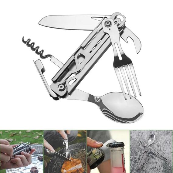 Stoviglie pieghevoli 6 in 1 (forchetta/coltello/cucchiaio/apribottiglie) per campeggio e sopravvivenza (Argento)