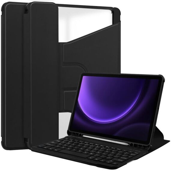 Per Samsung Galaxy Tab S9 FE Custodia in pelle trasparente con rotazione a 360° e tastiera (Nero)