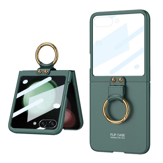 Per Samsung Galaxy Z Flip5 GKK Custodia per telefono con supporto ad anello per PC ultrasottile integrata (verde scuro)