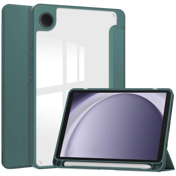 Per Samsung Galaxy Tab A9 Custodia per tablet in pelle acrilica 3 pieghevoli con slot per penna (verde scuro)