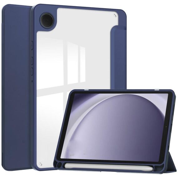 Per Samsung Galaxy Tab A9 Custodia per tablet in pelle acrilica 3 pieghevoli con slot per penna (blu scuro)
