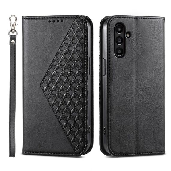 Custodia per telefono in pelle magnetica con texture di vitello cubica per Samsung Galaxy A15 (nera)