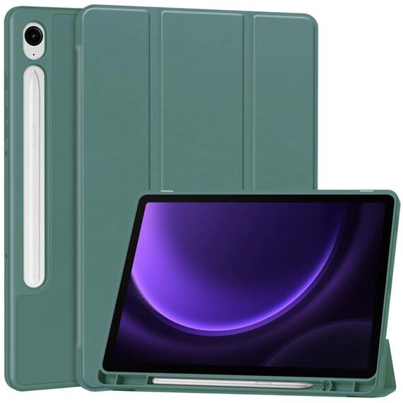 Per Samsung Galaxy Tab S9 FE Custodia tablet in pelle Smart TPU 3 pieghe in puro colore con slot per penna (verde scuro)