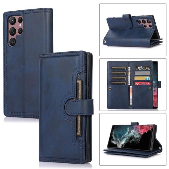 Custodia in pelle per telefono con slot per scheda Samsung Galaxy S22 Ultra 5G (blu)