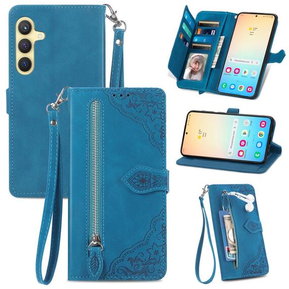 Custodia per telefono in pelle con cerniera fiore goffrato per Samsung Galaxy A70 (blu)