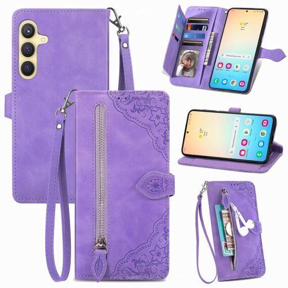 Custodia per telefono in pelle con cerniera fiore goffrato per Samsung Galaxy A70 (viola)