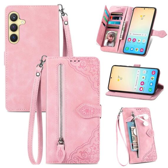 Custodia per telefono in pelle con cerniera fiore goffrato per Samsung Galaxy A70 (rosa)