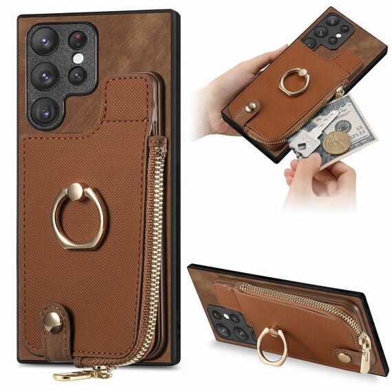 Custodia per telefono posteriore con cerniera verticale con anello in pelle incrociata per Samsung Galaxy S22 Ultra 5G (marrone)