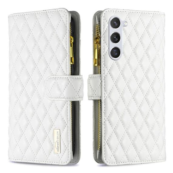 Per Samsung Galaxy S24+ 5G Custodia a portafoglio in pelle con cerniera a reticolo di diamanti (bianca)