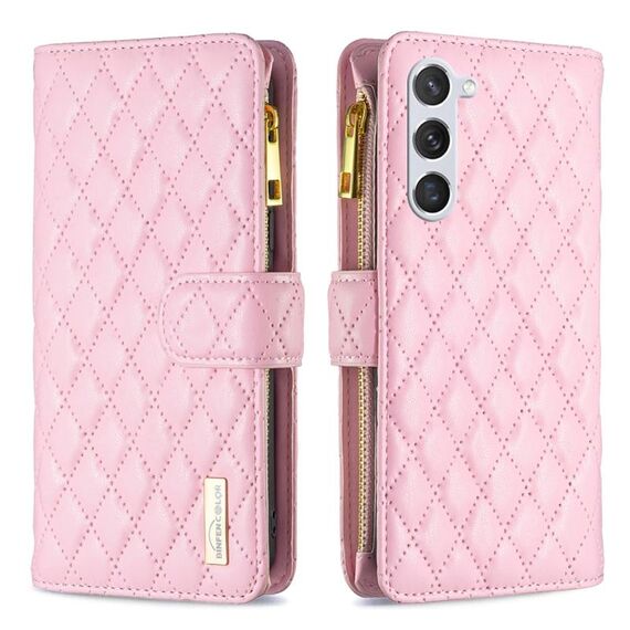 Per Samsung Galaxy S24+ 5G Custodia a portafoglio in pelle con cerniera a reticolo di diamanti (rosa)