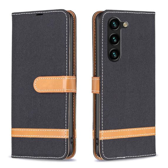 Custodia per telefono in pelle con texture denim color block per Samsung Galaxy S24+ 5G (nera)