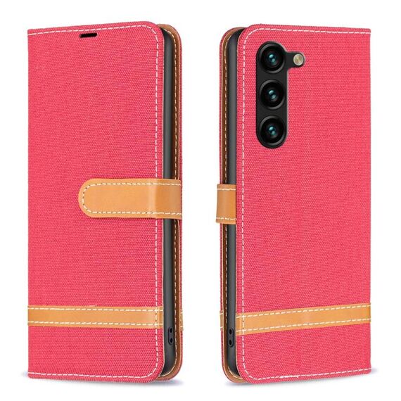 Custodia per telefono in pelle con texture denim color block per Samsung Galaxy S24+ 5G (rossa)
