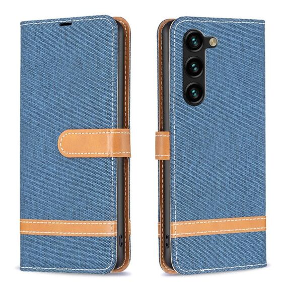 Custodia per telefono in pelle con texture denim color block per Samsung Galaxy S24+ 5G (blu scuro)