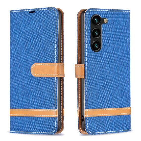 Custodia per telefono in pelle con texture denim color block per Samsung Galaxy S24+ 5G (blu reale)