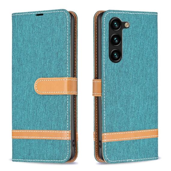 Custodia per telefono in pelle con texture denim color block per Samsung Galaxy S24+ 5G (verde)