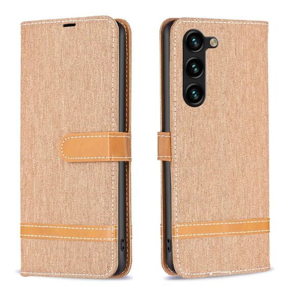 Custodia per telefono in pelle con texture denim color block per Samsung Galaxy S24+ 5G (marrone)