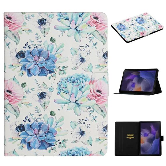 Per Samsung Galaxy Tab A9+ Custodia per tablet in PU con vibrazione orizzontale con motivo floreale con funzione di sospensione/sveglia (fiore blu su bianco)
