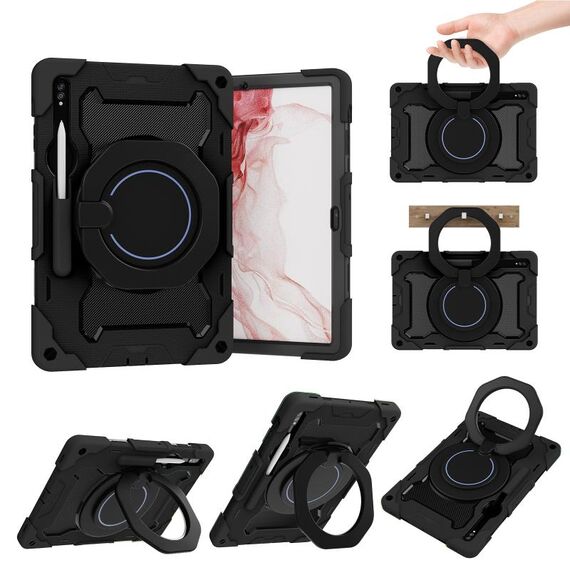 Custodia per tablet in silicone con supporto ad anello rotante portatile per Samsung Galaxy Tab S9+ Armor (nero)