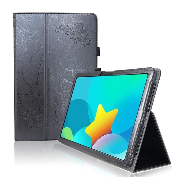 Custodia per tablet in pelle goffrata a fiori per TCL NxtPaper 11 con cinturino per poggiamano e slot per penna (nero)