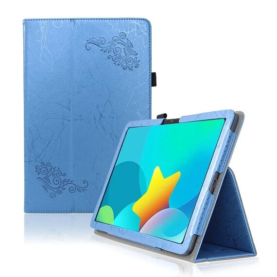 Custodia per tablet in pelle goffrata a fiori TCL NxtPaper 11 con cinturino per poggiamano e slot per penna (blu)