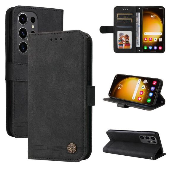 Custodia per telefono in pelle con bottoni in metallo per Samsung Galaxy S24 Ultra Skin Feel Life Tree (nera)