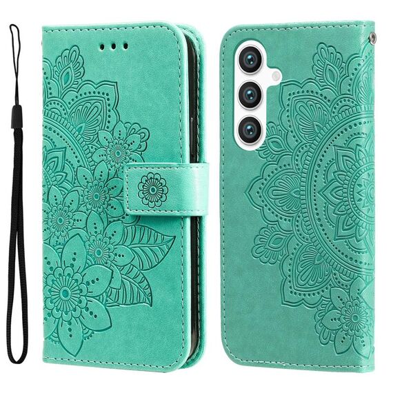 Custodia per telefono in pelle con stampa a fiori a 7 petali per Samsung Galaxy S24 (verde)