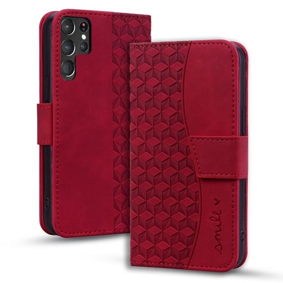 Per Samsung Galaxy S22 Ultra 5G Custodia per telefono in pelle con fibbia a diamante business con cordino (vino rosso)