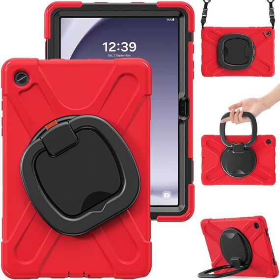 Per Samsung Galaxy Tab A9+ Custodia ibrida in silicone per tablet PC con supporto e tracolla (rossa)