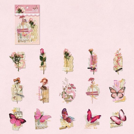 15 pezzi/pacco PET Farfalla Serie di fiori Retro Adesivi per manuali con stampa a caldo fai-da-te, Stile: Confessione calda