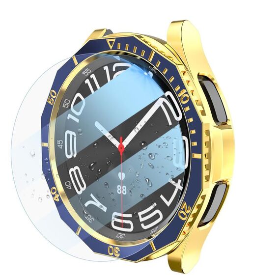 Per Samsung Galaxy Watch6 Classic 47mm R960 Custodia per PC placcata + pellicola temperata + set di anelli per lunetta dell'orologio (blu + oro)