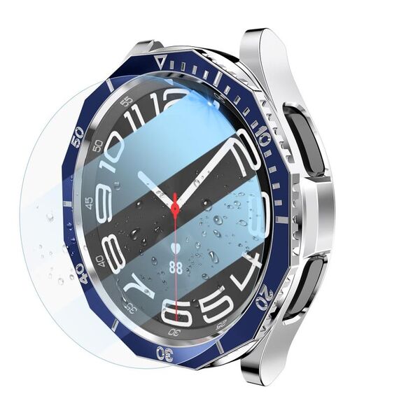 Per Samsung Galaxy Watch6 Classic 47mm R960 Custodia per PC placcata + pellicola temperata + set di anelli per lunetta dell'orologio (blu + argento)