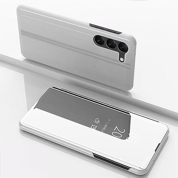 Per Samsung Galaxy S24+ 5G Custodia per telefono in pelle con vibrazione orizzontale a specchio placcato con supporto (Argento)