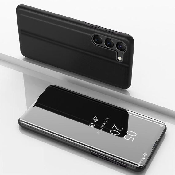Custodia per telefono in pelle con vibrazione orizzontale a specchio placcato per Samsung Galaxy S24+ 5G con supporto (nero)
