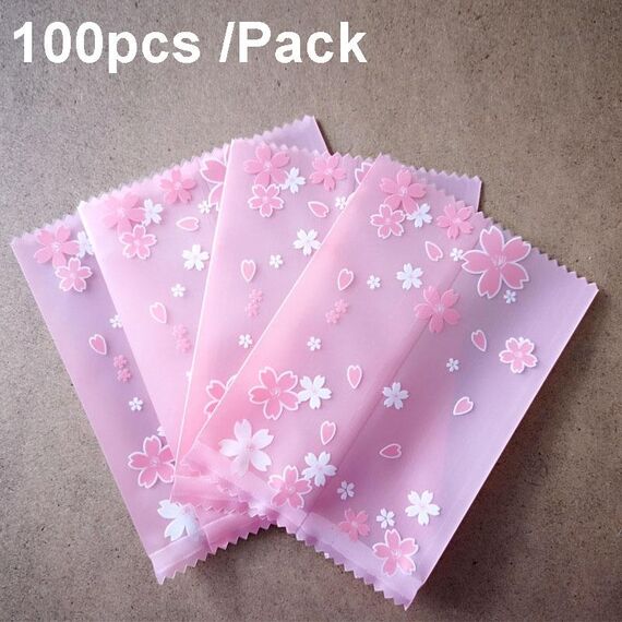 100 pz/pacco 7x10 cm imballaggio per cottura sacchetti sigillati a macchina glassati sacchetti per biscotti con motivo fiore di ciliegio