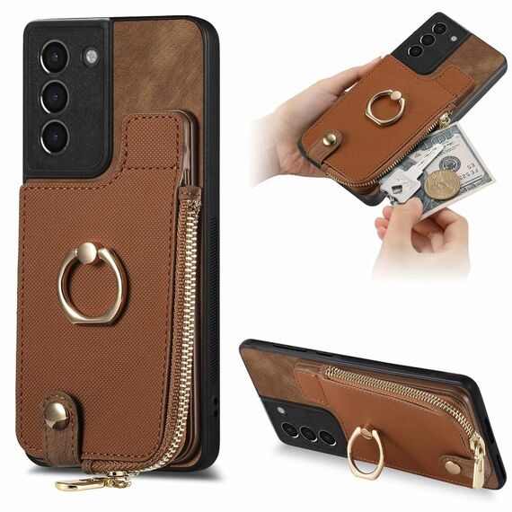 Custodia per telefono posteriore con cerniera verticale con anello in pelle incrociata per Samsung Galaxy S24+ 5G (marrone)