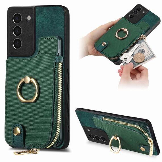 Custodia per telefono posteriore con cerniera verticale con anello in pelle incrociata per Samsung Galaxy S24+ 5G (verde)