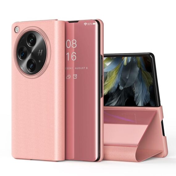 Per OPPO Find N3 Custodia per telefono in pelle con vibrazione orizzontale a specchio placcato con supporto (rosa)