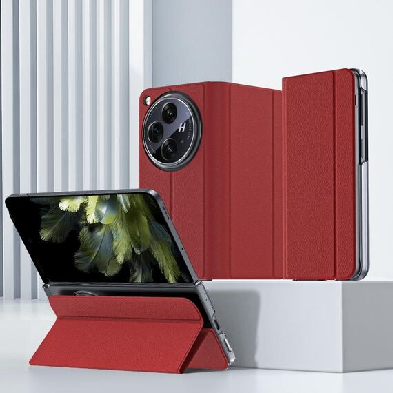 Per OPPO Find N3 Custodia in pelle tinta unita con pellicola integrale Custodia per telefono all-inclusive con supporto (rosso)