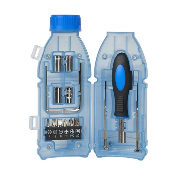 Set di strumenti per borraccia 15 in 1 Kit di utensili per scatola di plastica trasparente (blu trasparente)