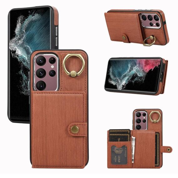Custodia per telefono con supporto ad anello per portafoglio con texture spazzolata per Samsung Galaxy Galaxy S22 Ultra 5G (marrone)