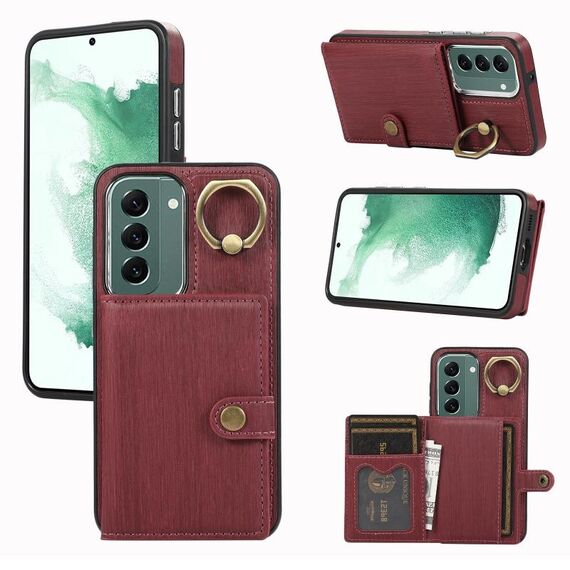 Custodia per telefono con supporto ad anello per portafoglio con texture spazzolata per Samsung Galaxy Galaxy S22+ 5G (rosso scuro)