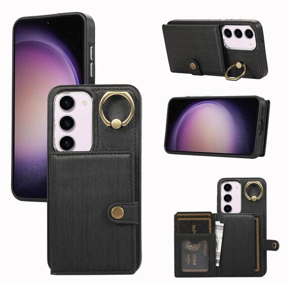 Custodia per telefono con supporto ad anello per portafoglio con texture spazzolata per Samsung Galaxy Galaxy S23 5G (nero)