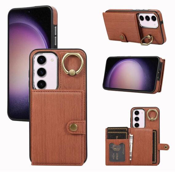 Custodia per telefono con supporto ad anello per portafoglio con texture spazzolata per Samsung Galaxy Galaxy S23 5G (marrone)
