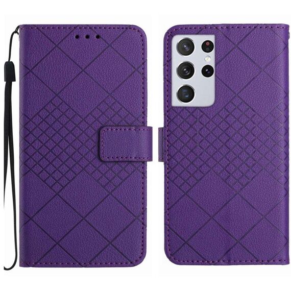 Custodia per telefono in pelle con trama a griglia rombica per Samsung Galaxy S21 Ultra 5G (viola)